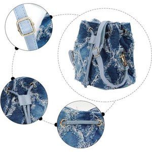 Hyuyikuwol Women’s Denim Bucket Shoulder Bag – Quilted Distressed Crossbody Purse With Drawstring & Tassel, Barrel Shape – Blue Or Brown